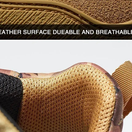 Close-up of TerraShield hiking boot showing breathable, durable leather surface with stitching details.