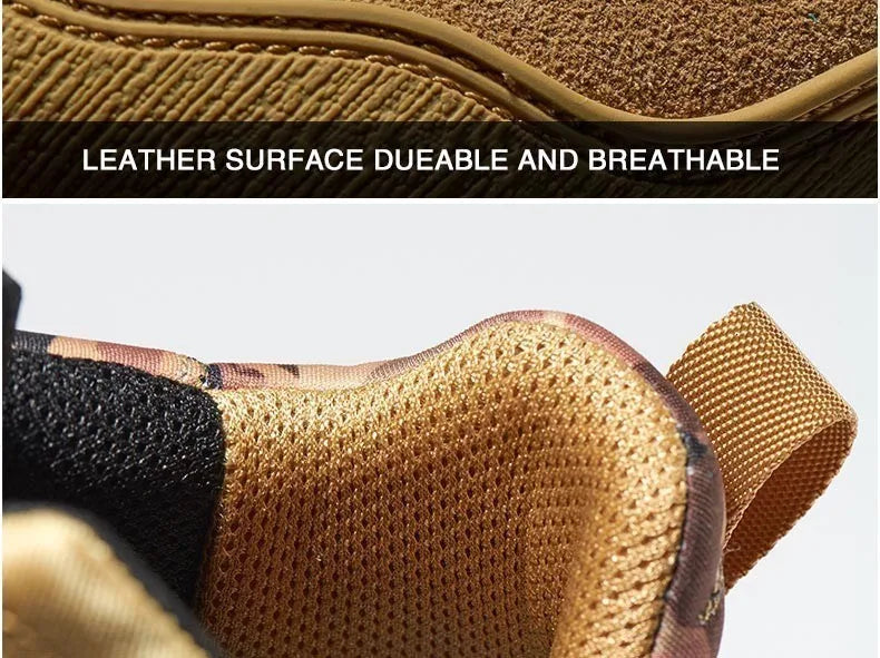 Close-up of TerraShield hiking boot showing breathable, durable leather surface with stitching details.