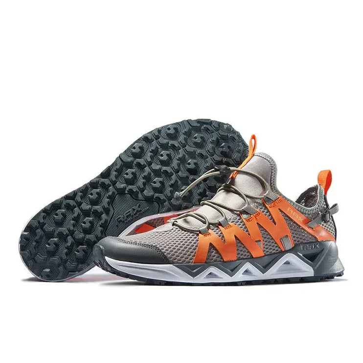 RAX Unisex Aqua Upstream Shoes with orange and grey design, featuring non-slip rubber soles and breathable mesh for water activities.