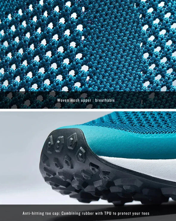 Close-up of FlexTrail running shoe showing breathable mesh upper and anti-hitting toe cap for enhanced protection and comfort.