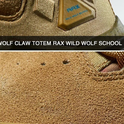 Close-up of TerraShield RAX hiking boots in suede, showcasing durable construction and detail for outdoor activities.