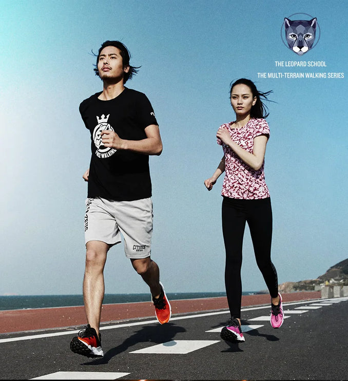 Two people jogging outdoors wearing FlexTrail RAX unisex running shoes, showcasing lightweight design and flexibility.