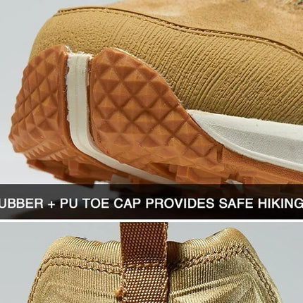 Close-up of TerraShield hiking boot with rubber and PU toe cap for safe and stable trekking.