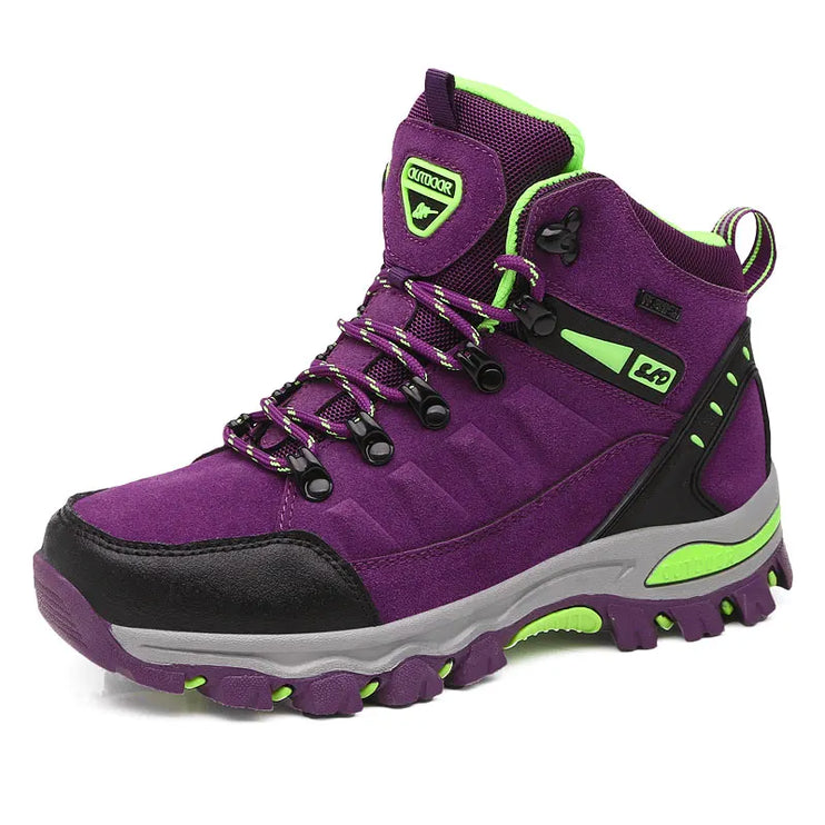 Purple waterproof women's snow boots with anti-slip rubber sole and EVA insole for winter protection and comfort.