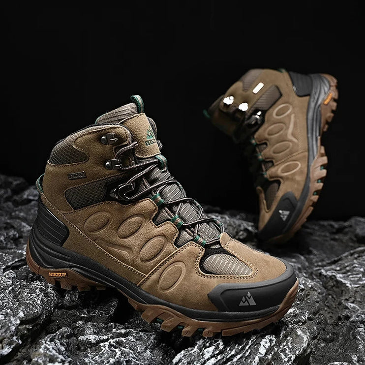 TrailMaster Pro Trek Boots in brown with durable suede and mesh, designed for outdoor adventures and waterproof protection.