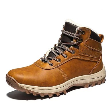 Hellbraune Wanderstiefel mit robustem Design und verstärkter Sohle, ideal für kalte Wetterbedingungen.