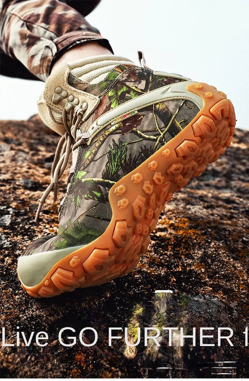 Close-up of TerraGuard Tactical Boot with camouflage pattern on rugged terrain, highlighting durability and grip for outdoor adventures.